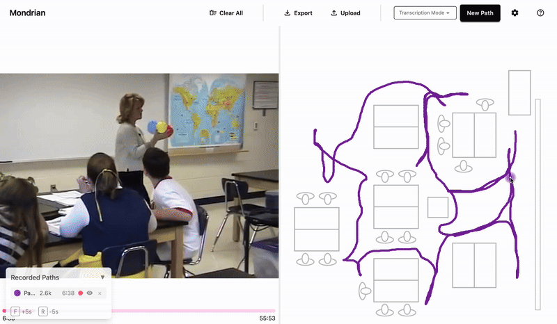 Mondrian in action - tracing movement paths over a floor plan synchronized to video